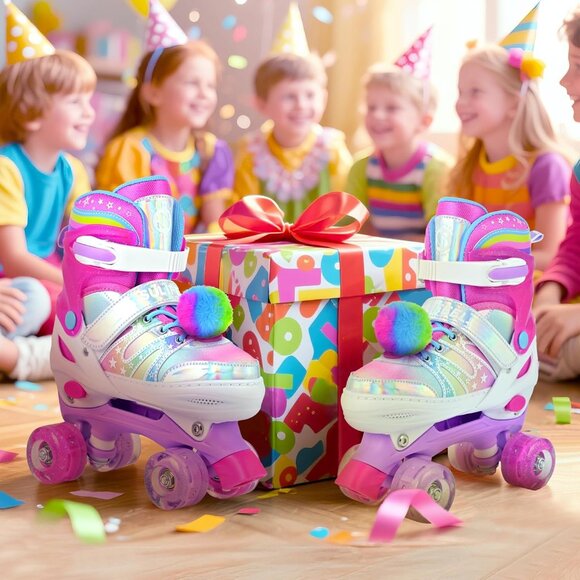Kids Rose Red Rainbow Adjustable Light Up Roller Skates With Fluffy Pom Poms - Picture 7 of 9